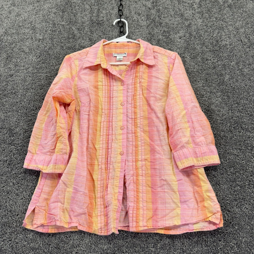 Christopher & Banks Button Down Womens M Pink Plaid 3/4 Sleeve Casual